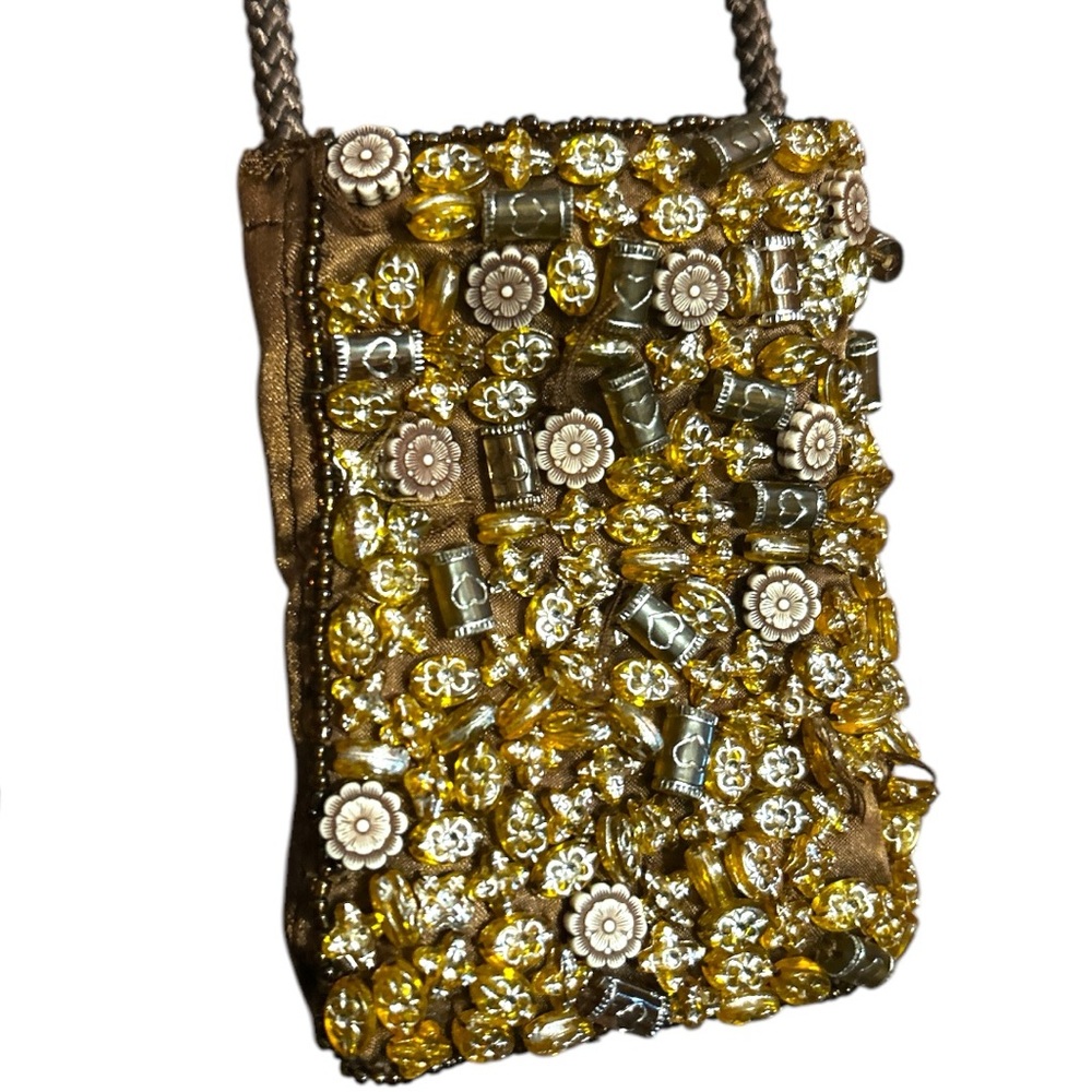 Small Handmade Brown Beaded Evening Bag 3x4" w Braided Shoulder Strap - Picture 3 of 8